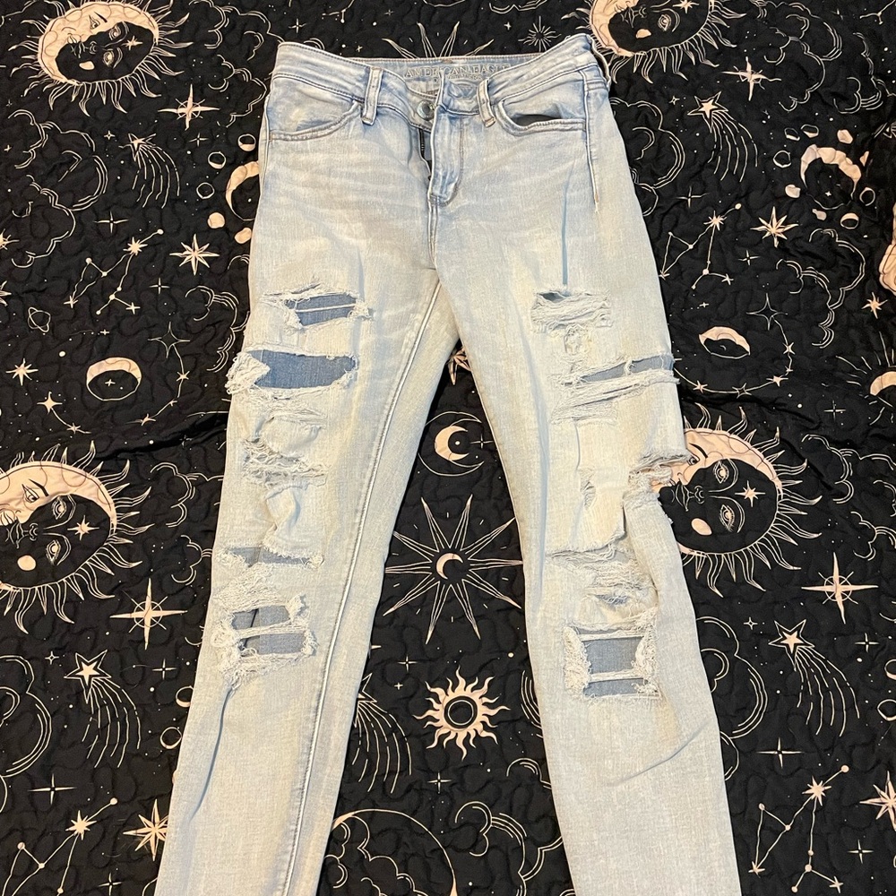 American Eagle Super Stretch Faded Blue Distressed Skinny Jeans Regular